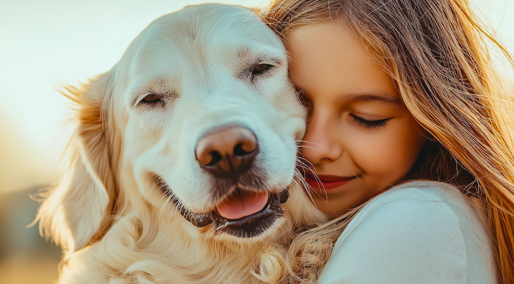 Girl hugging golden retriever dog with sunset background. Pet adoption services, animal therapy programs, children development